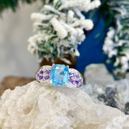 Handmade silver ring with natural aquamarine, amethyst and moissanite