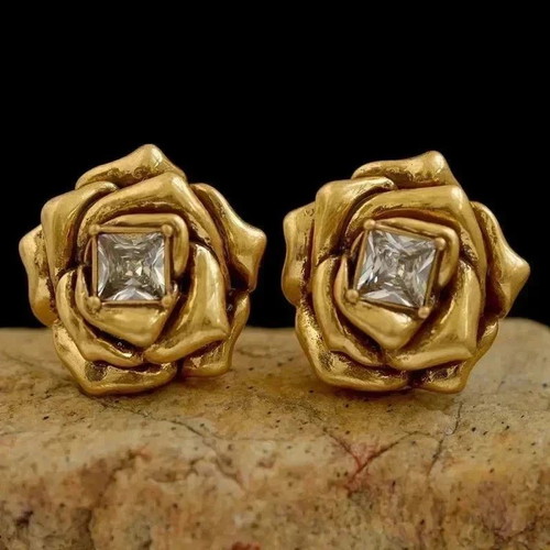 Vintage Gold Tone Rose Stud Earrings with Crystal
