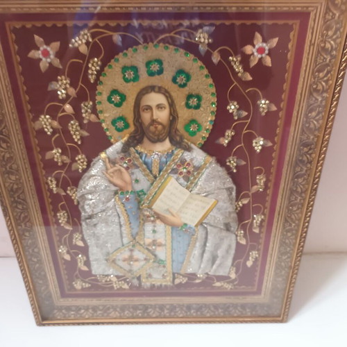 Christ image handmade with gold thread, velvet and silk, like new