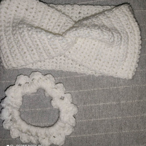 Knitted handmade headband with scrunchie set white made to order