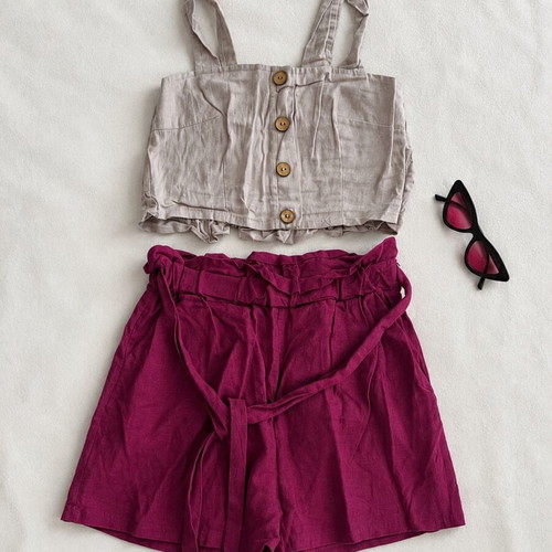 Summer set with blouse, shorts and sunglasses, linen clothes