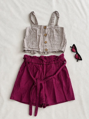 Summer set with blouse, shorts and sunglasses, linen clothes