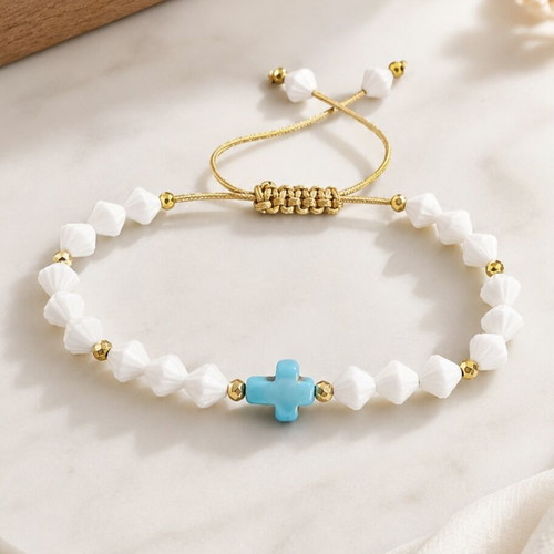 Bracelet with white beads and turquoise cross, adjustable