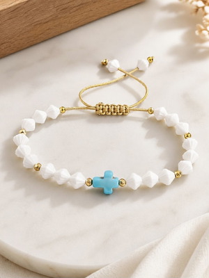 Bracelet with white beads and turquoise cross, adjustable