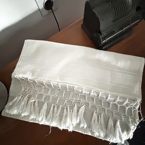 White Tsevres table runner with silk thread embroidery