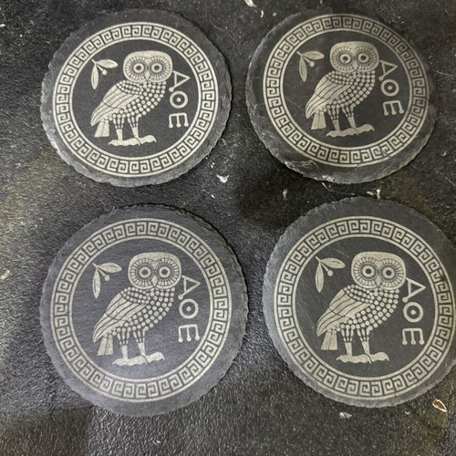 Set of 4 Engraved Greek Slate Coasters with Athenian Owl