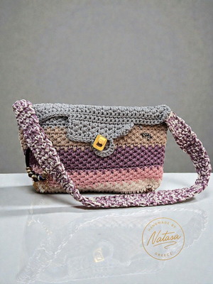 Handmade knitted shoulder bag in pink and beige pastel tones, new