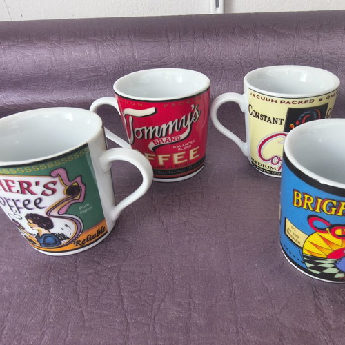 Set of 4 Vintage Coffee Mugs with Retro Advertising Designs