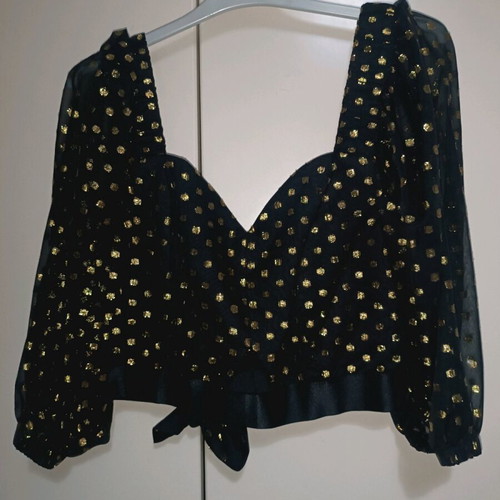 Bustier top black with puffed sleeves like new, gold details