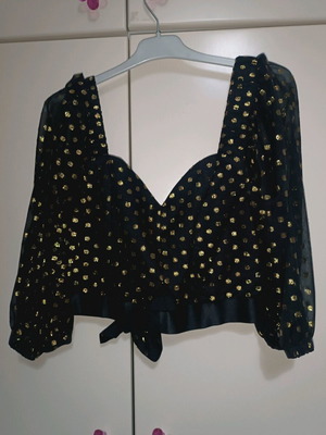 Bustier top black with puffed sleeves like new, gold details