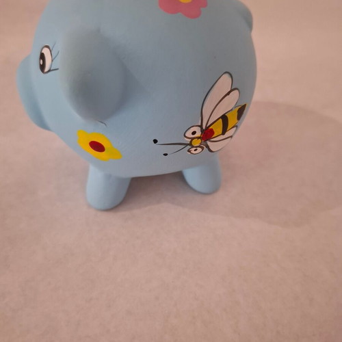 Decorative piggy bank used, blue with flowers and bees, 7.5 cm