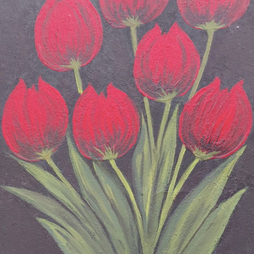 Painting with red tulips on canvas like new, handmade