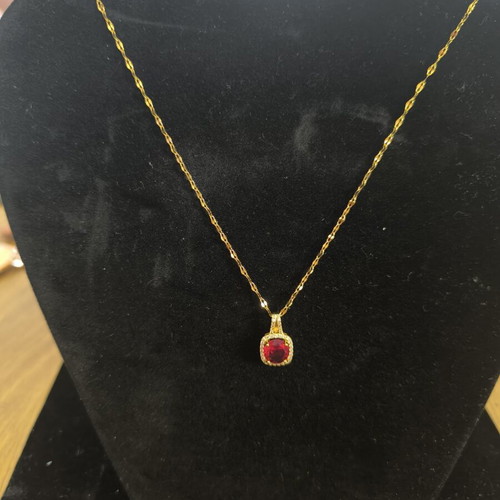 Necklace gold-colored with red ruby-style stone and strass new
