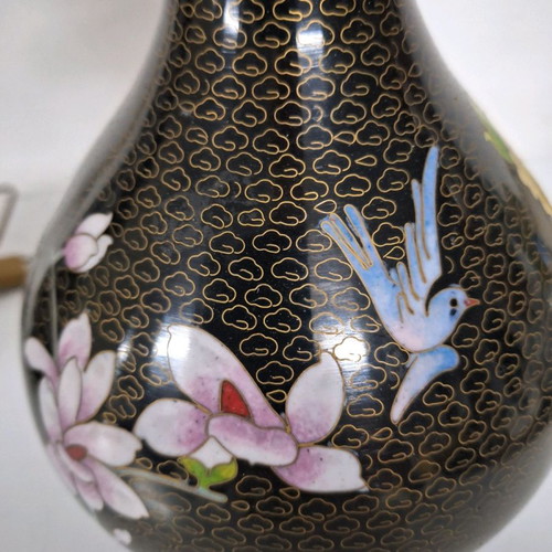 Pair of used cloisonné lamps 37 cm with enamel and wooden bases