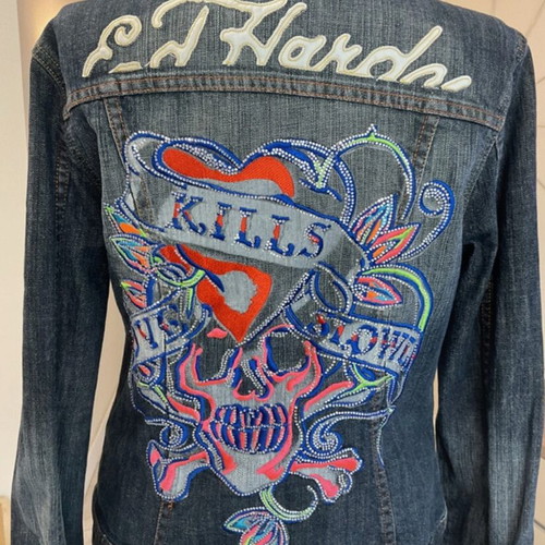 Hardy denim jacket Christian Audigier 'Love Kills Slowly' rhinestone design