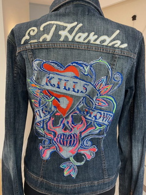 Hardy denim jacket Christian Audigier 'Love Kills Slowly' rhinestone design