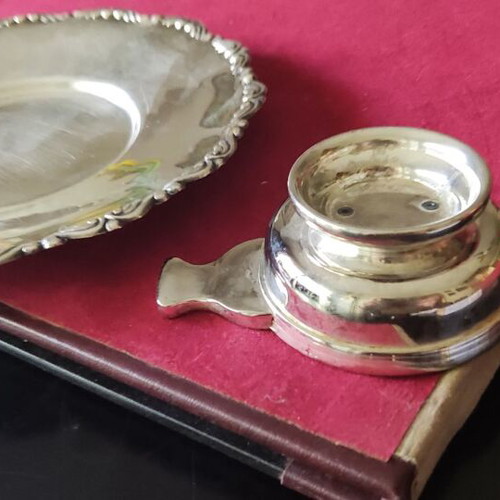 Silver-plated utensils used, bowl and plate with handmade carving