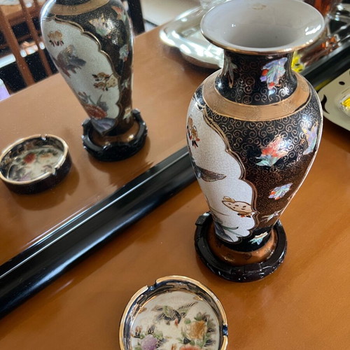Royal Satsuma porcelain vase used with ashtray and wooden base