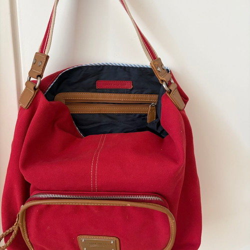 Tommy Hilfiger shoulder bag used, vintage red canvas with leather details