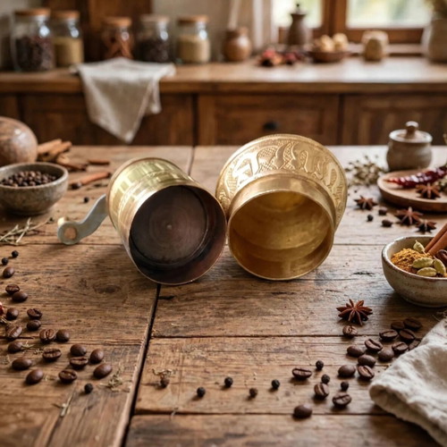 Vintage brass spice and coffee grinder set 2 pieces 1960s Ottoman style