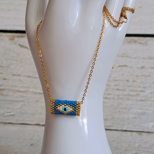 Handmade Miyuki evil eye necklace with gold-plated steel chain