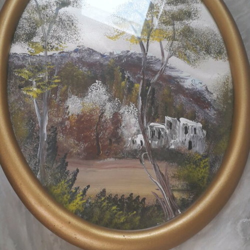 Oval painting on silk fabric with frame and glass new