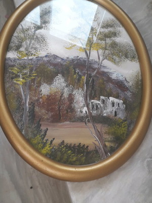 Oval painting on silk fabric with frame and glass new
