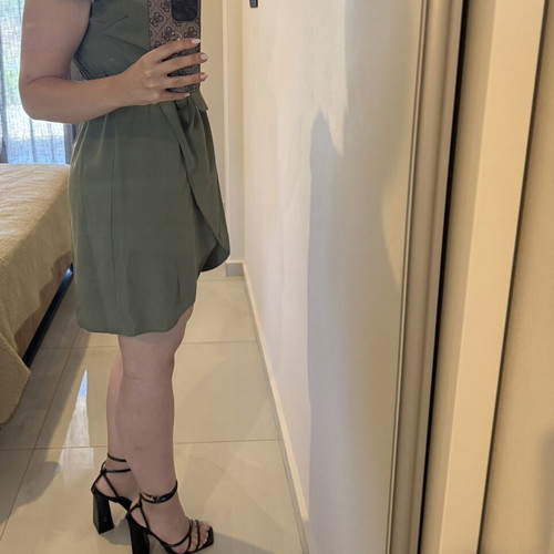 Khaki dress with wrap design and lace details, like new