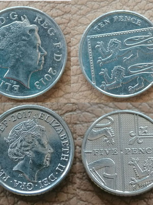 Coins 5 Pence (2017) & 10 Pence (2013) Elizabeth like new