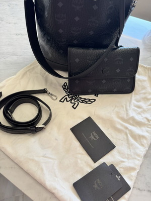 MCM Monogram Canvas Bucket Bag with Matching Zip Pouch Like New