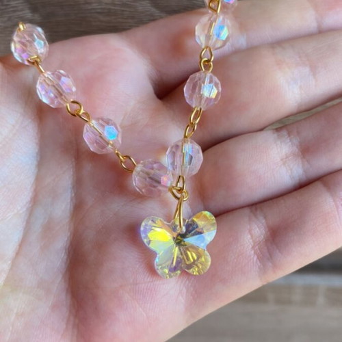 Choker necklace and earrings set handmade, pink and gold butterflies