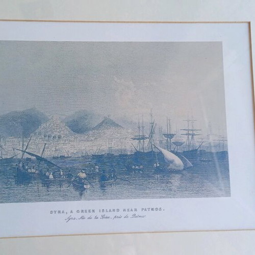 Vintage Syros lithograph engraving in wooden black lacquer frame