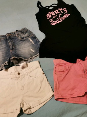 Pack of 3 denim shorts and black one-piece cotton shorts used for girls 11-12