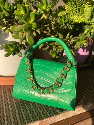 Small green bag with gold detail and crossbody strap