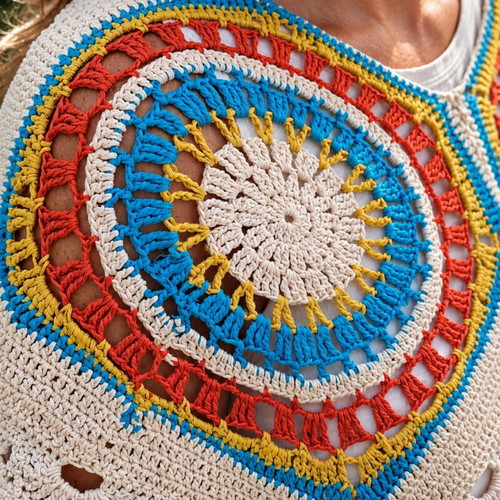 Handmade cotton poncho with colorful boho crochet circles, new