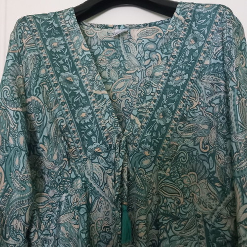 Summer silk dress like new, petrol-green-beige pattern, sizes M-L