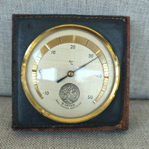 Vintage Ethniki Thermometer used, wooden base with leather