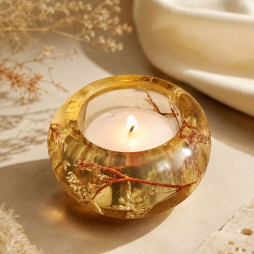 Resin Candle Holder Golden Autumn with Real Dried Flowers Handmade