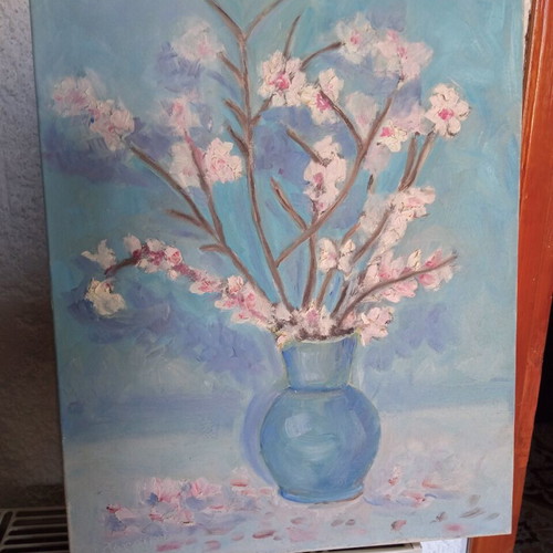 Oil painting authentic on canvas used, flowers in vase