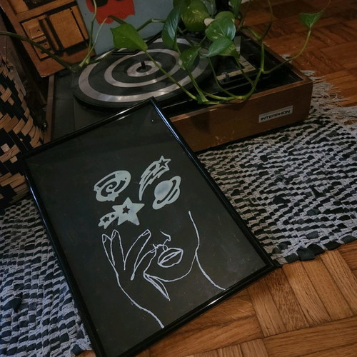 Handmade frame with female face and glowing planets new