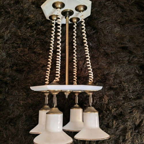 Vintage ceiling light set 4-light and 2-light, brass and opaline glass