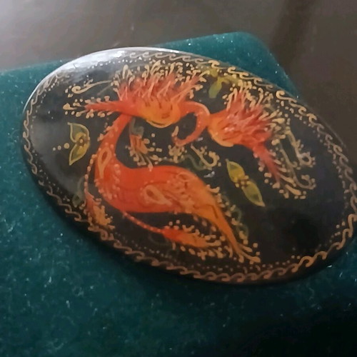 Handmade Russian brooch painted with signature on lacquer like new