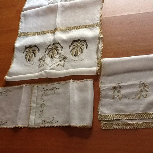 Set of 3 handmade silk table runners with gold thread embroidery and lace trim