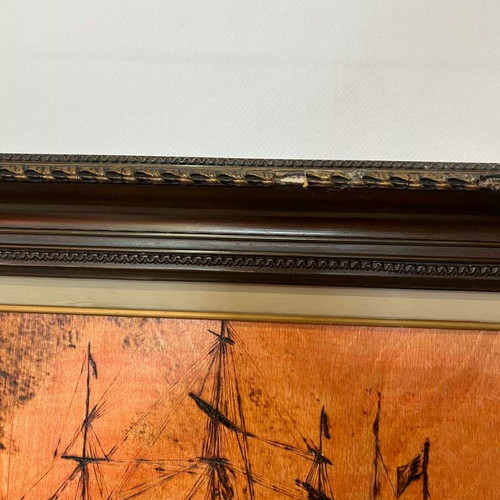 Vintage pyrography wall frame with naval battle scene, artist signed, 50x60