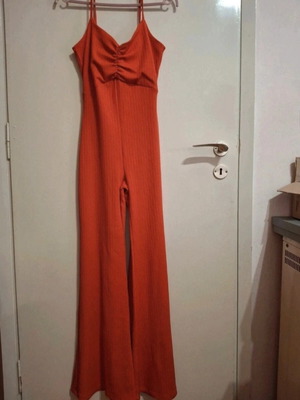 Bershka rib jumpsuit like new, bright orange, wide leg