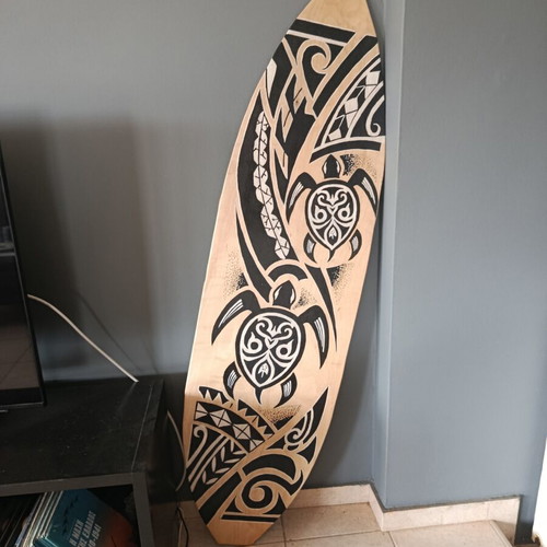 Wooden Handmade Surfboard Decorative Polynesian Maori Design