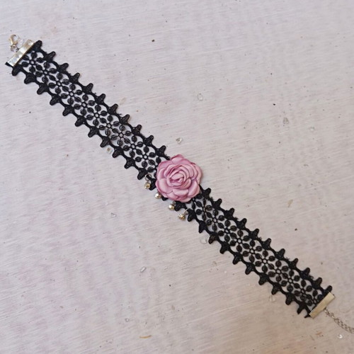 Lace choker new with pink rose and decorative elements