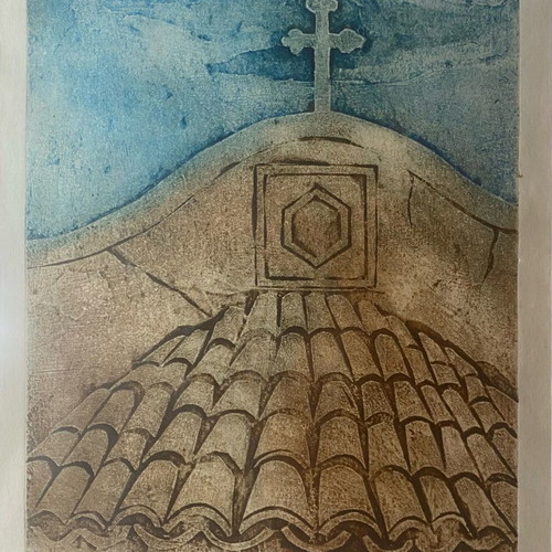 Amanda Henriques Chalcography Painting new with Cycladic church motif