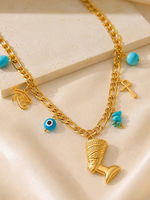 Κολιέ Luxury Boho Egyptian με Nefertiti, Μάτι και Σταυρό Ζωής καινούργιο