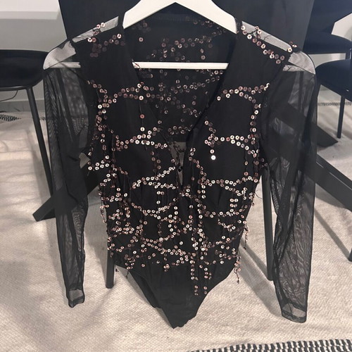 Women's black lace evening sequined bodysuit top size S-M new